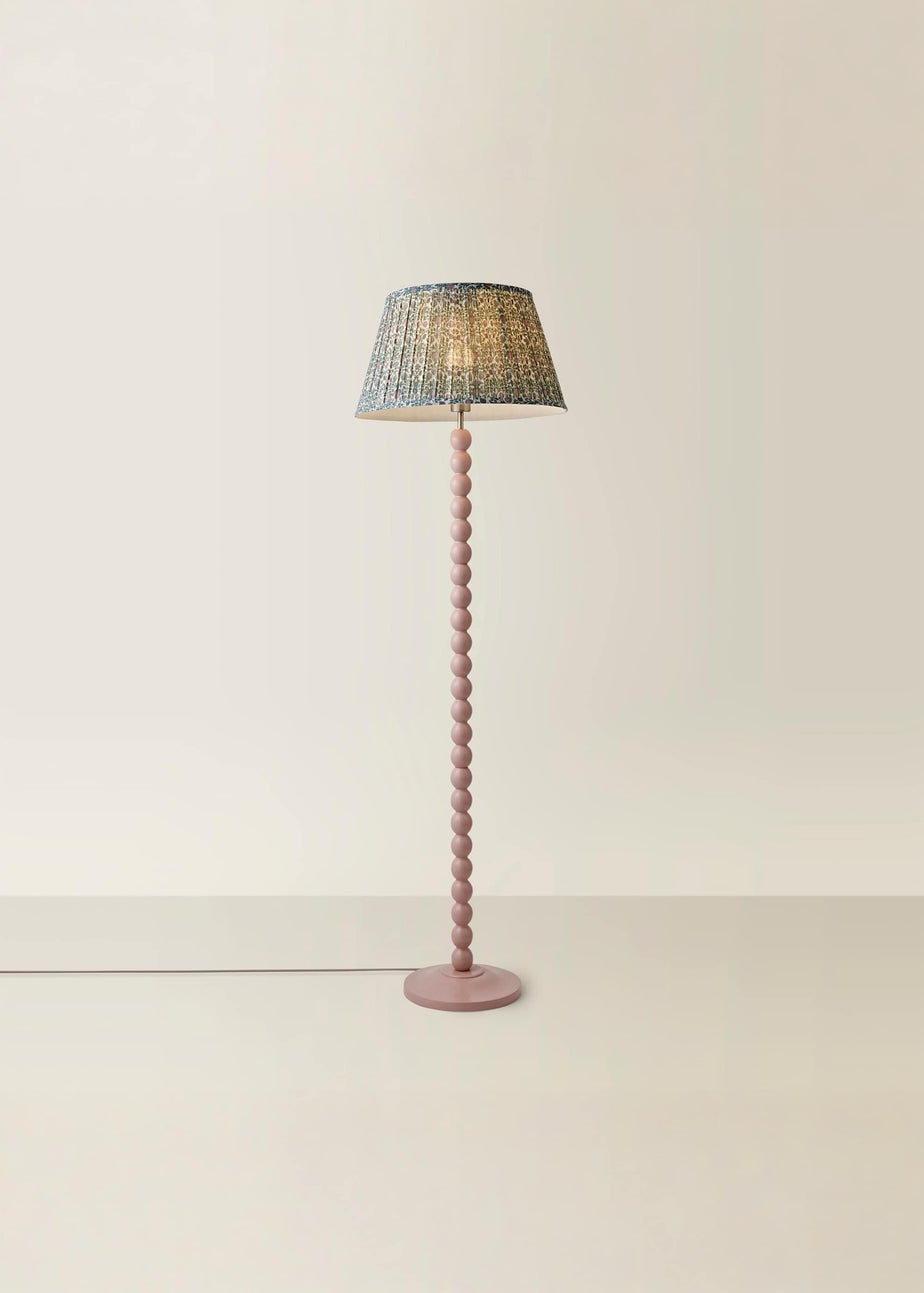 ValueLights Rose Pink Bobbin Floor Lamp with Floral Pleated Lampshade