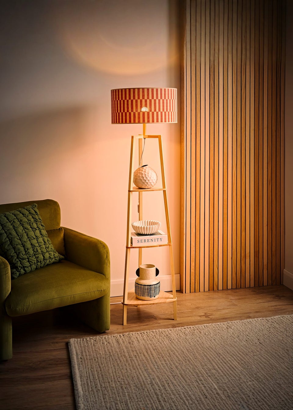 ValueLights Hiru Natural Floor Lamp with Orange Bamboo Lampshade