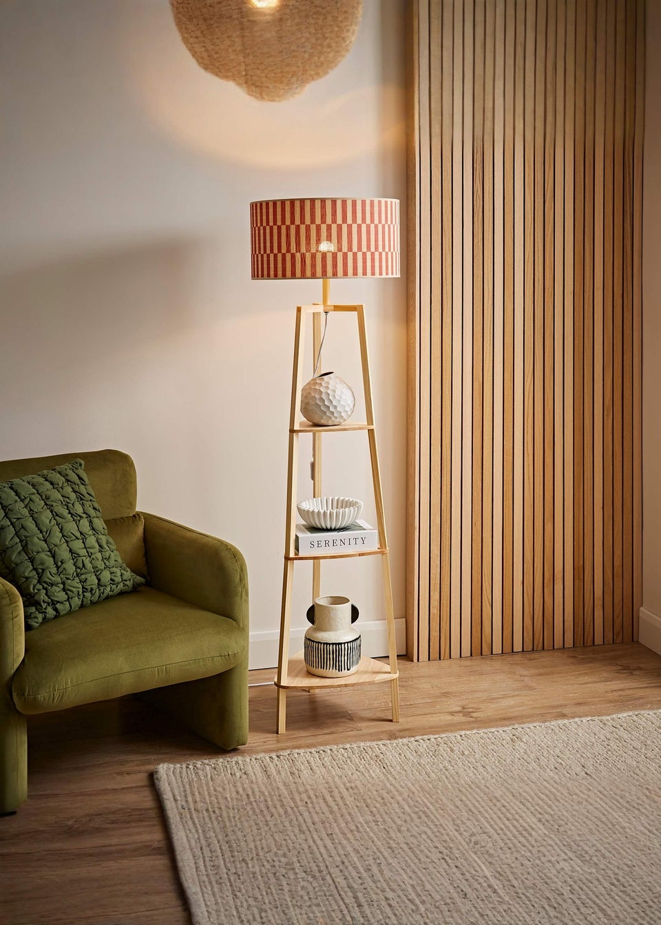 ValueLights Hiru Natural Floor Lamp with Orange Bamboo Lampshade