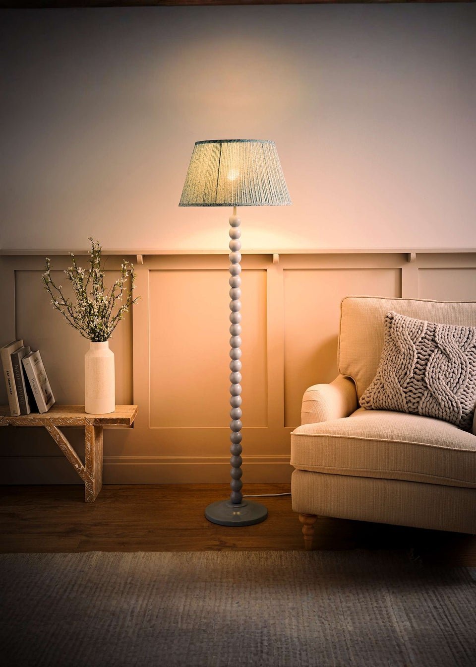 ValueLights Powder Blue Bobbin Floor Lamp with Leaf Pleated Lampshade