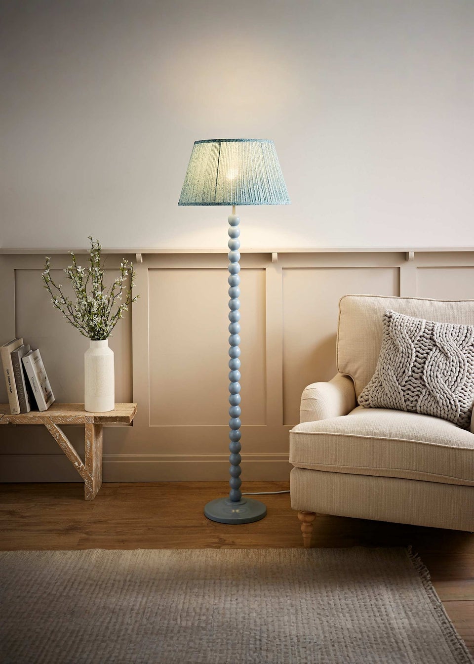 ValueLights Powder Blue Bobbin Floor Lamp with Leaf Pleated Lampshade