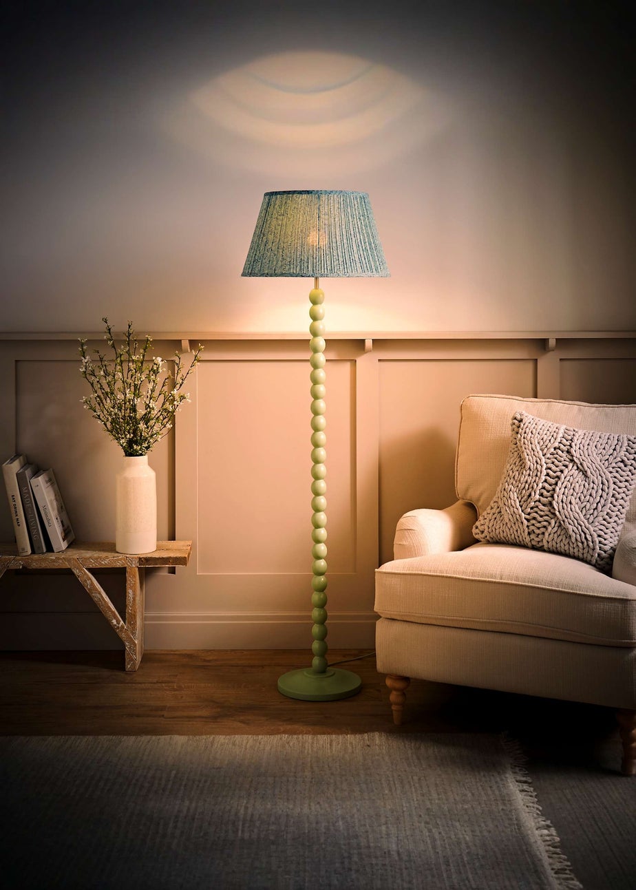 ValueLights Sage Green Bobbin Floor Lamp with Leaf Pleated Lampshade