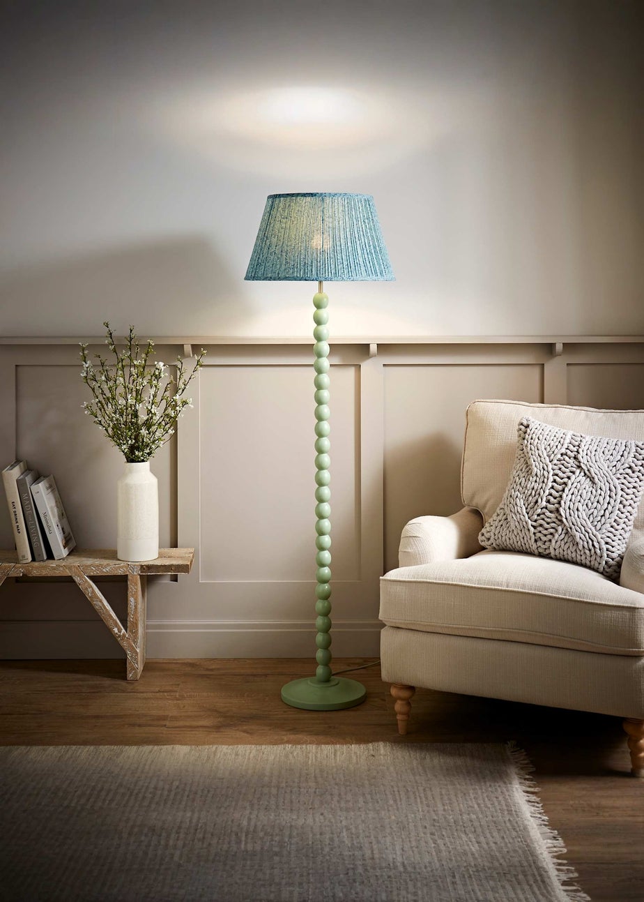 ValueLights Sage Green Bobbin Floor Lamp with Leaf Pleated Lampshade