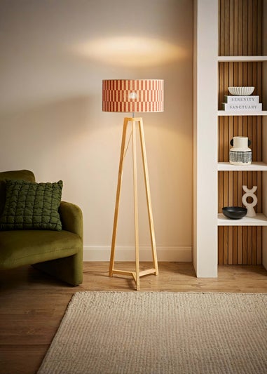 ValueLights Lottie Natural Floor Lamp with Orange Bamboo Lampshade