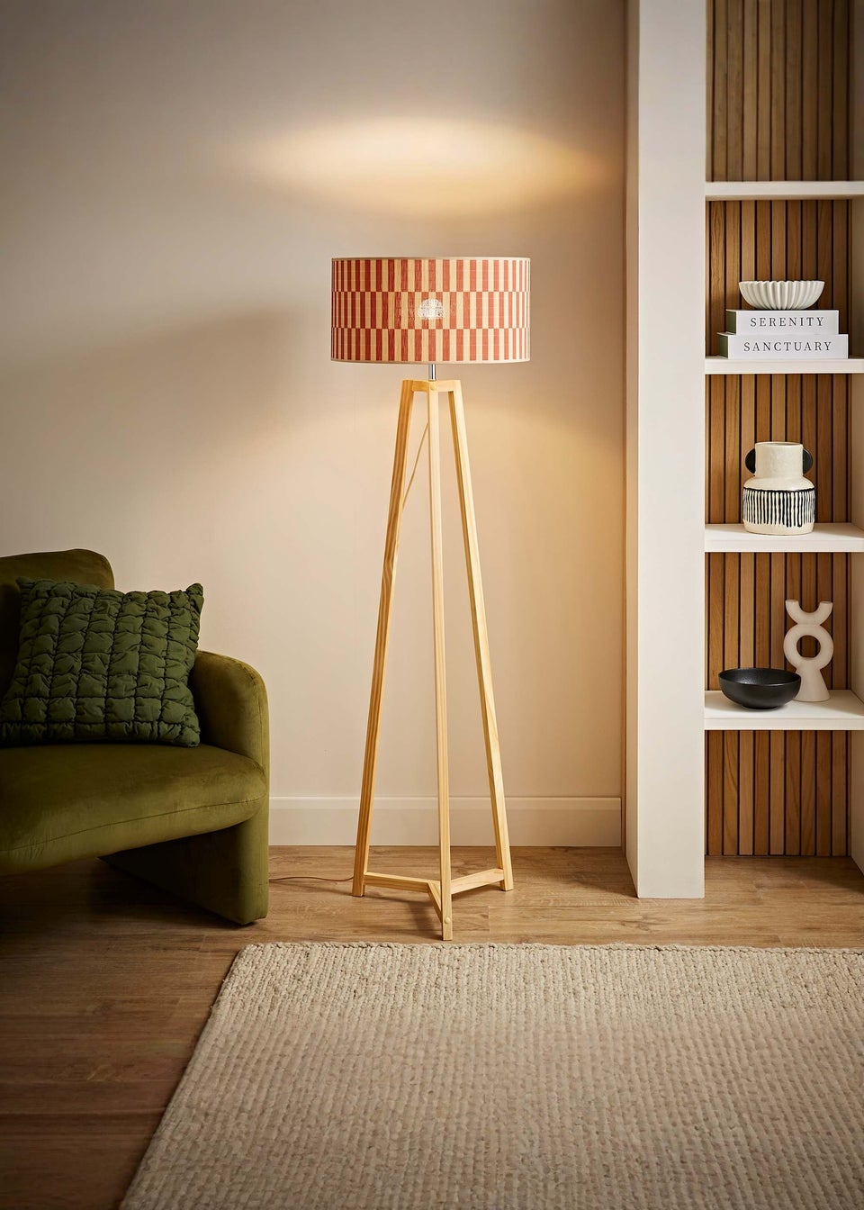 ValueLights Lottie Natural Floor Lamp with Orange Bamboo Lampshade