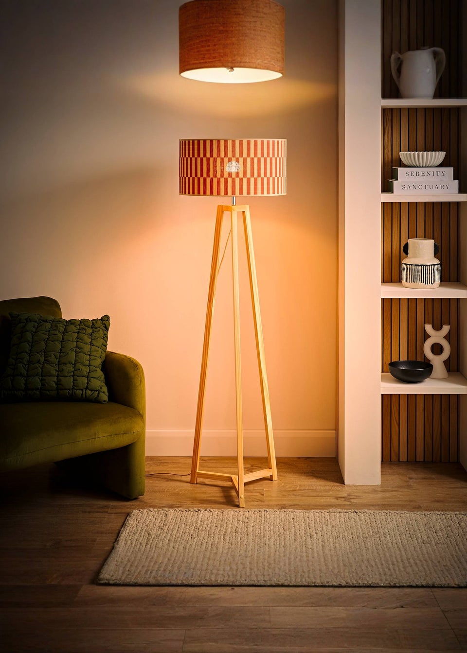 ValueLights Lottie Natural Floor Lamp with Orange Bamboo Lampshade