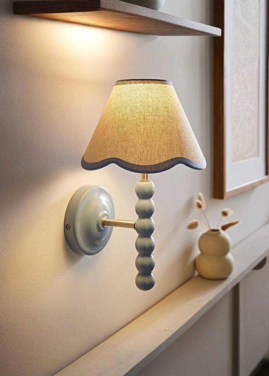 ValueLights Pair of Powder Blue Bobbin Wall Lights with Scallop Lampshades