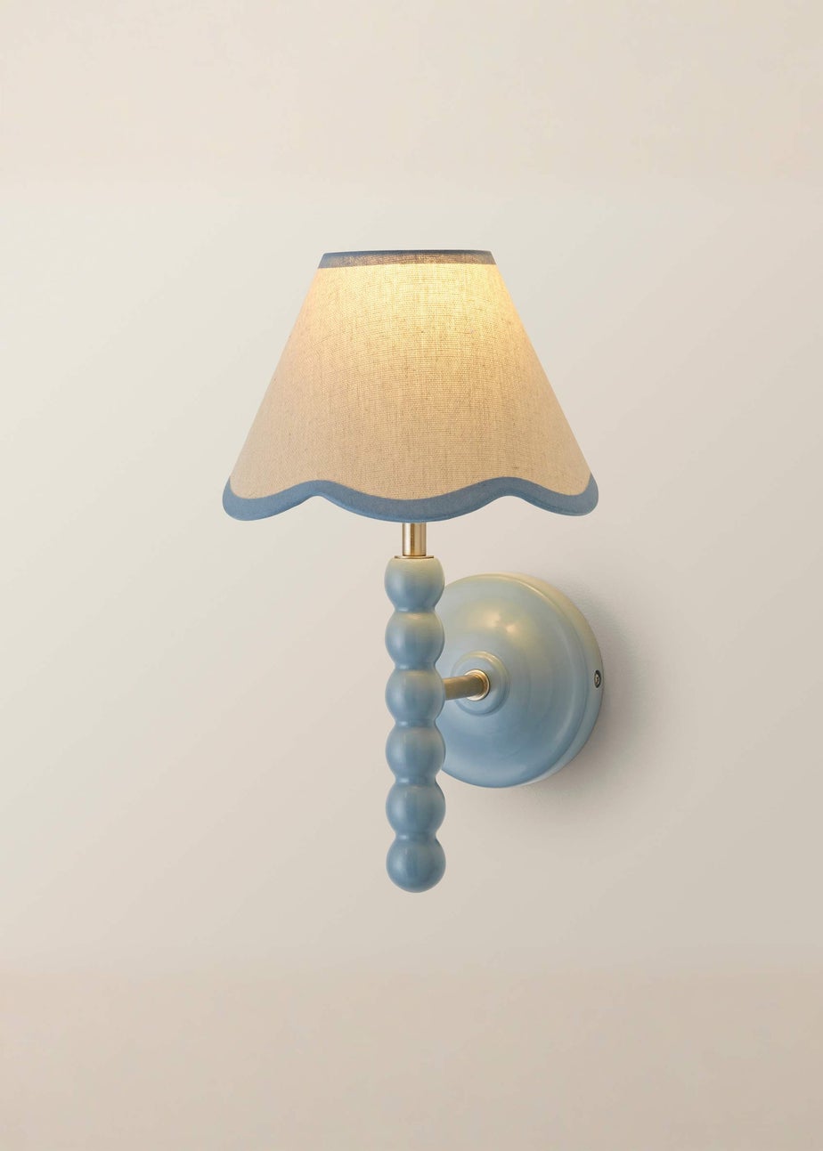 ValueLights Pair of Powder Blue Bobbin Wall Lights with Scallop Lampshades