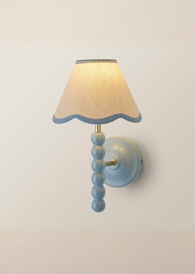 ValueLights Pair of Powder Blue Bobbin Wall Lights with Scallop Lampshades