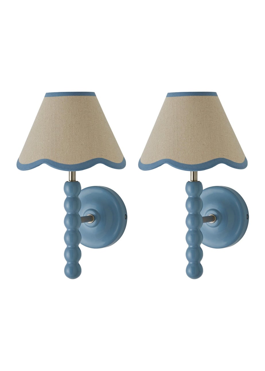 ValueLights Pair of Powder Blue Bobbin Wall Lights with Scallop Lampshades