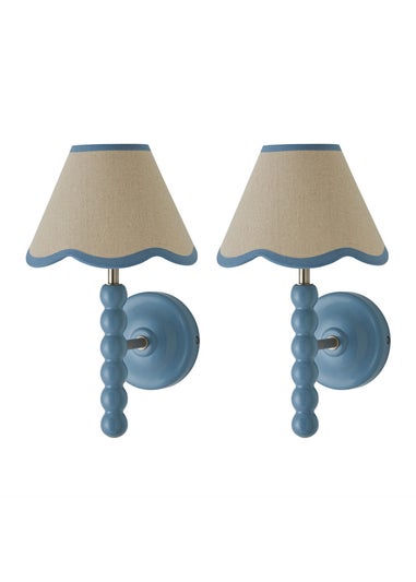 ValueLights Pair of Powder Blue Bobbin Wall Lights with Scallop Lampshades