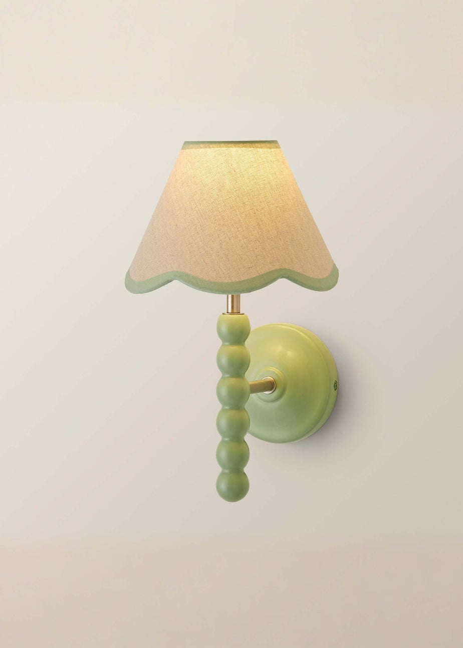 ValueLights Pair of Sage Green Bobbin Wall Lights with Scallop Lampshades