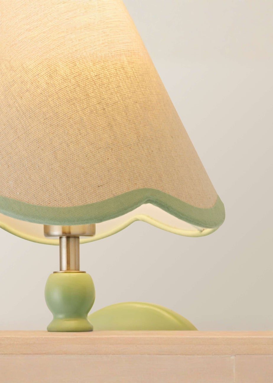 ValueLights Pair of Sage Green Bobbin Wall Lights with Scallop Lampshades