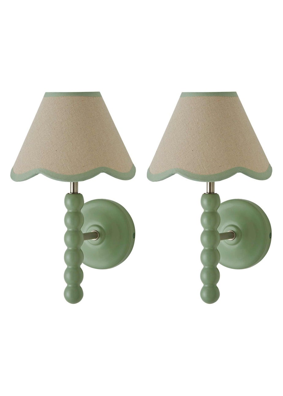 ValueLights Pair of Sage Green Bobbin Wall Lights with Scallop Lampshades