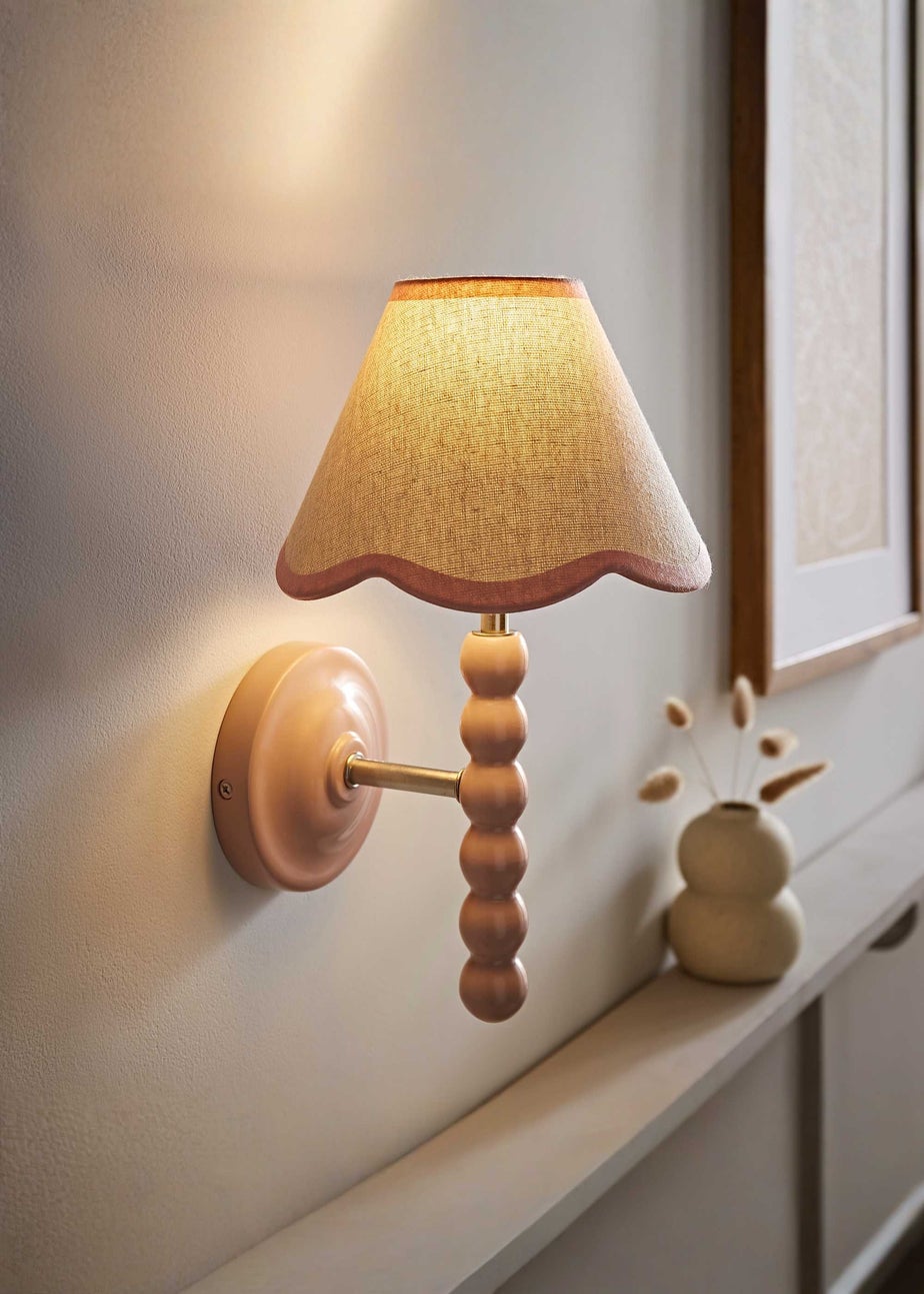 ValueLights Pair of Rose Pink Bobbin Wall Lights with Scallop Lampshades