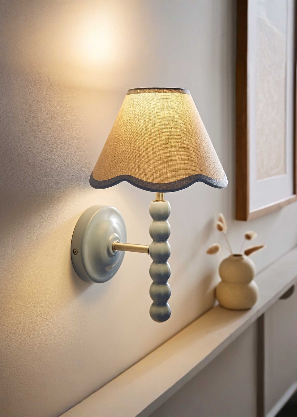 ValueLights Powder Blue Bobbin Wall Light with Scallop Lampshade