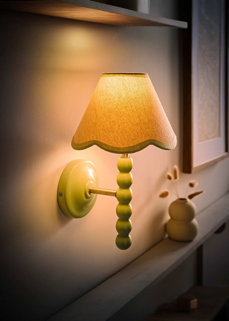 ValueLights Sage Green Bobbin Wall Light with Scallop Lampshade