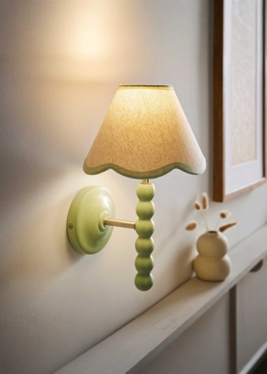 ValueLights Sage Green Bobbin Wall Light with Scallop Lampshade