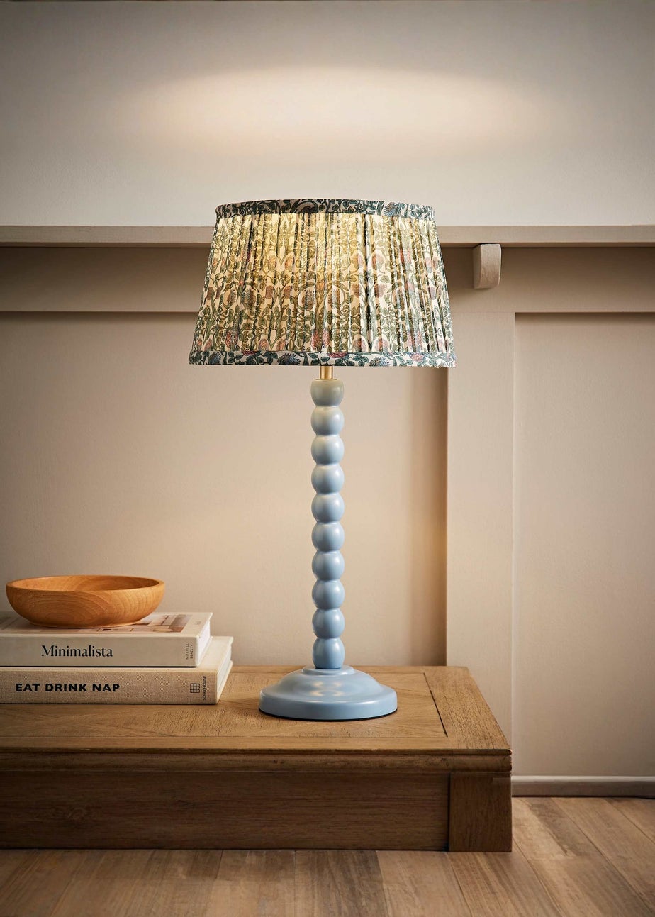 ValueLights Powder Blue Bobbin Table Lamp with Floral Pleated Lampshade