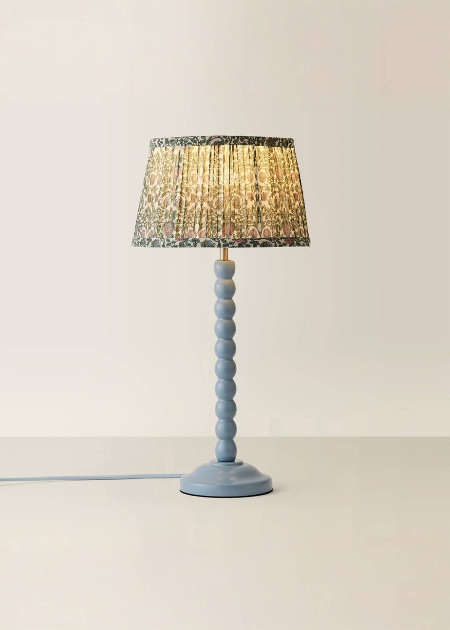 ValueLights Powder Blue Bobbin Table Lamp with Floral Pleated Lampshade