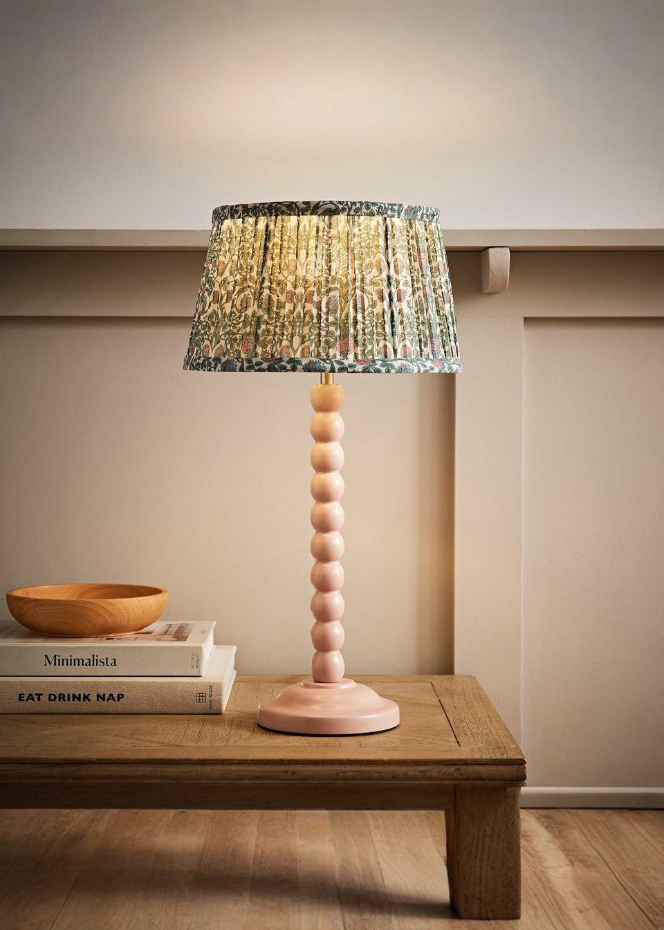 ValueLights Rose Pink Bobbin Table Lamp with Floral Pleated Lampshade