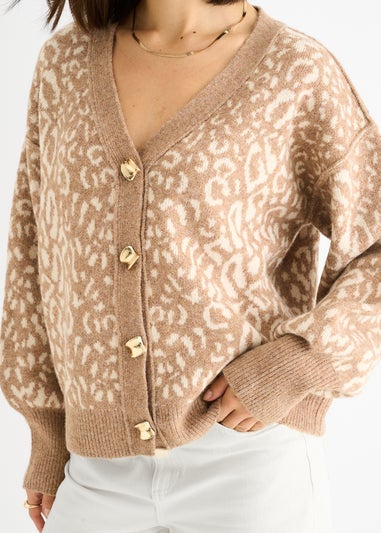 Gini London Camel Animal Print Wool Mix Cardigan Look Jumper