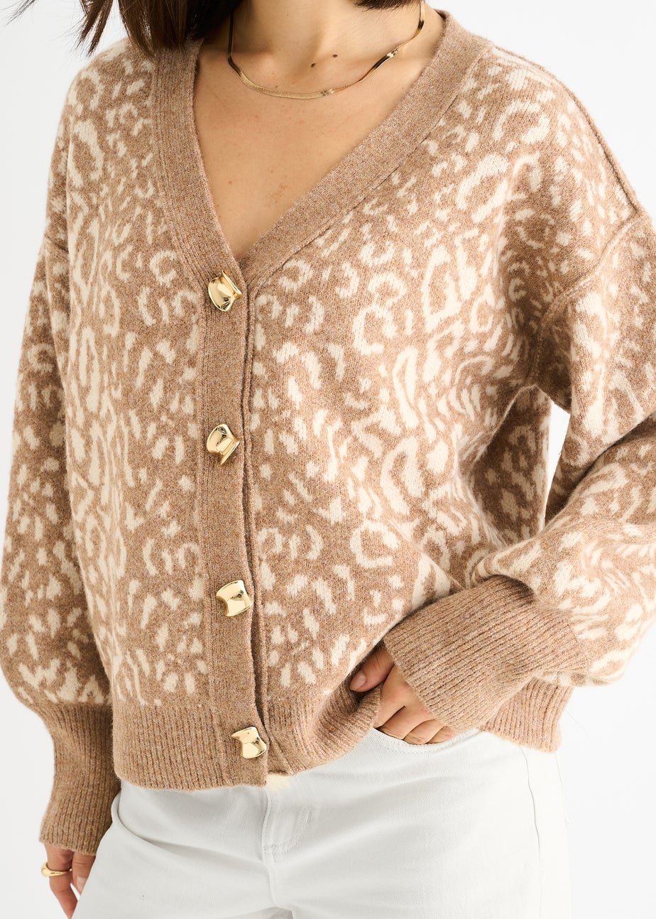 Gini London Camel Animal Print Wool Mix Cardigan Look Jumper