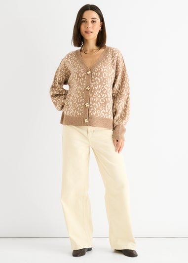 Gini London Camel Animal Print Wool Mix Cardigan Look Jumper