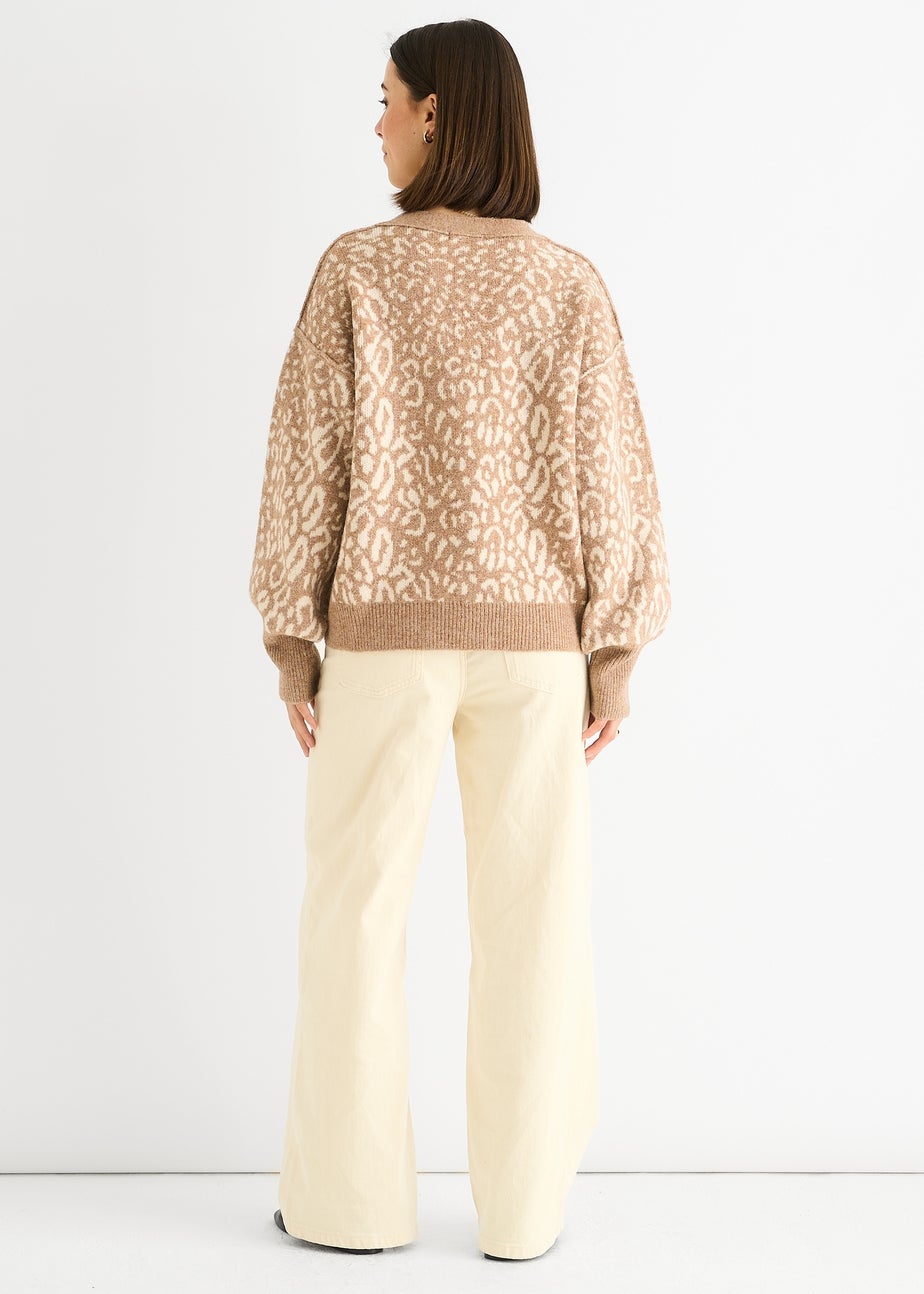 Gini London Camel Animal Print Wool Mix Cardigan Look Jumper