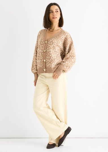 Gini London Camel Animal Print Wool Mix Cardigan Look Jumper