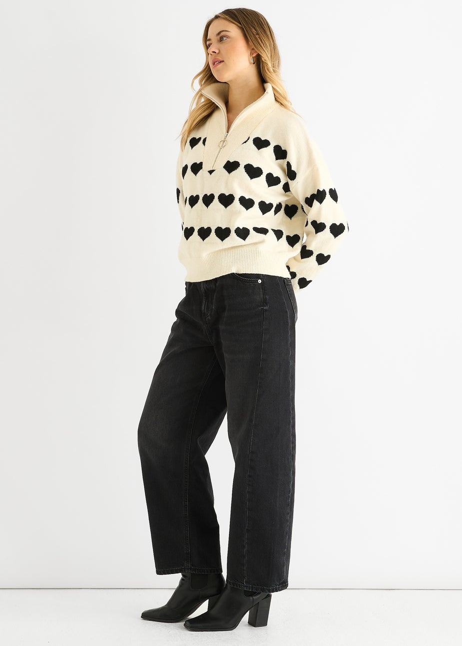 Gini London Cream Heart Zip Up Loose Fit Knit Jumper