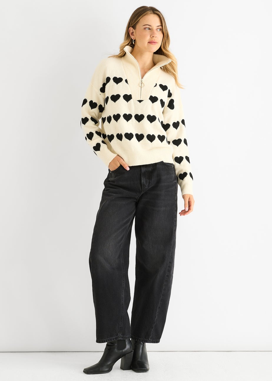 Gini London Cream Heart Zip Up Loose Fit Knit Jumper