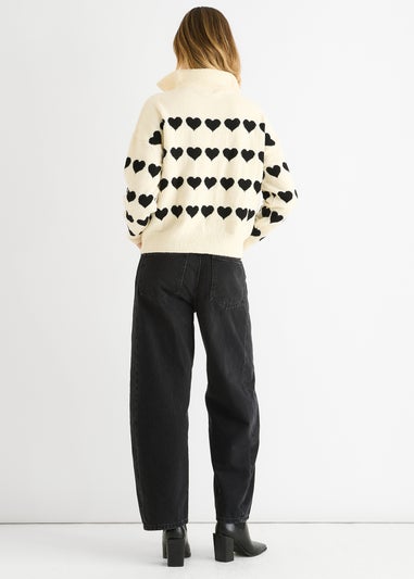 Gini London Cream Heart Zip Up Loose Fit Knit Jumper