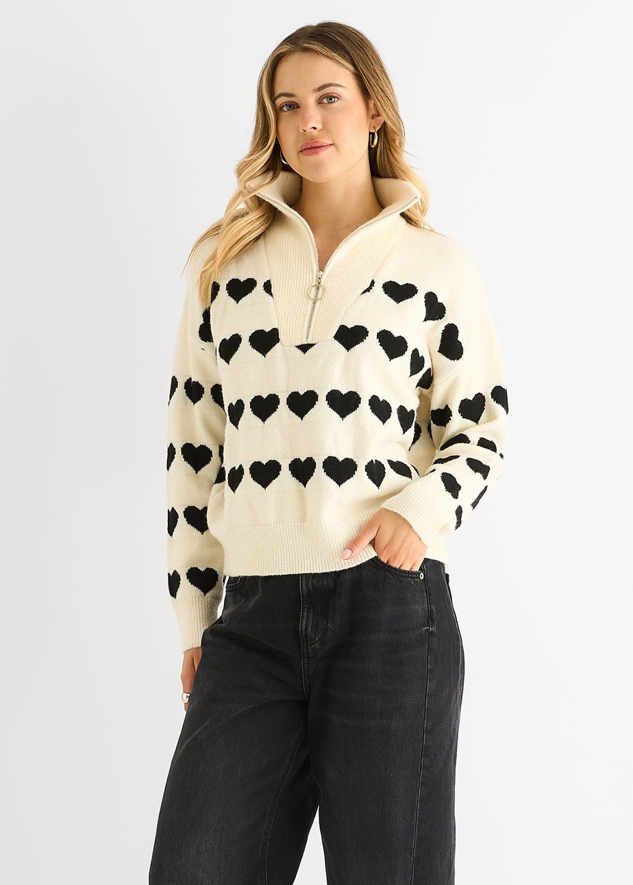 Gini London Cream Heart Zip Up Loose Fit Knit Jumper