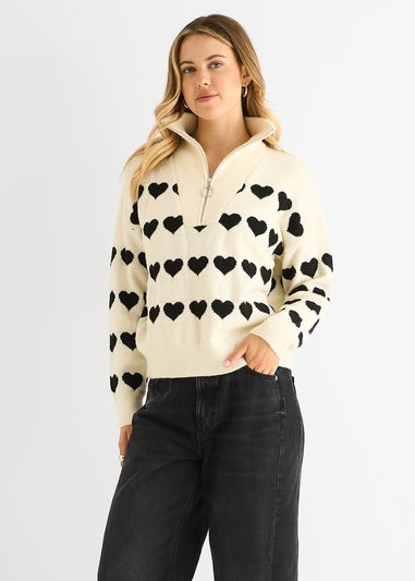 Gini London Cream Heart Zip Up Loose Fit Knit Jumper