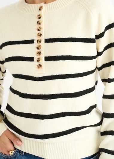 Gini London Cream Recycle Stripe Button Up Loose Fit Knit Jumper