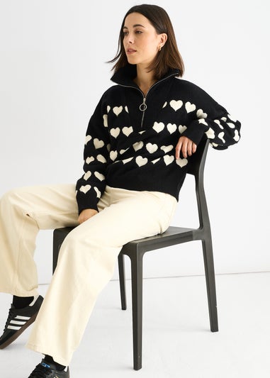 Gini London Black Heart Zip Up Loose Fit Knit Jumper