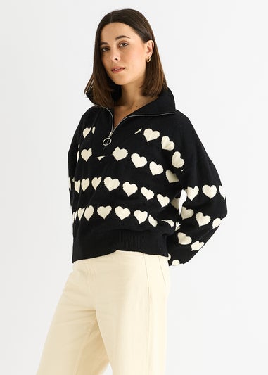 Gini London Black Heart Zip Up Loose Fit Knit Jumper