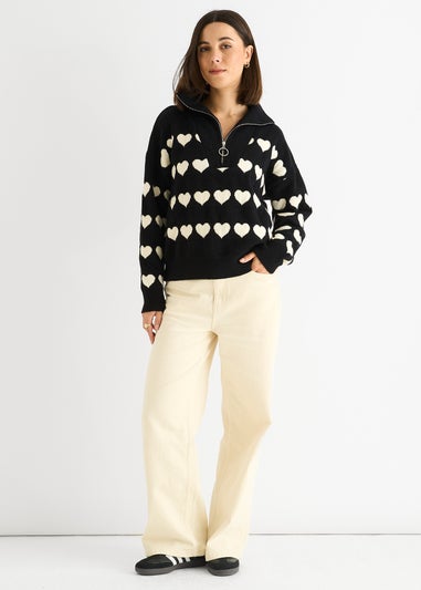 Gini London Black Heart Zip Up Loose Fit Knit Jumper