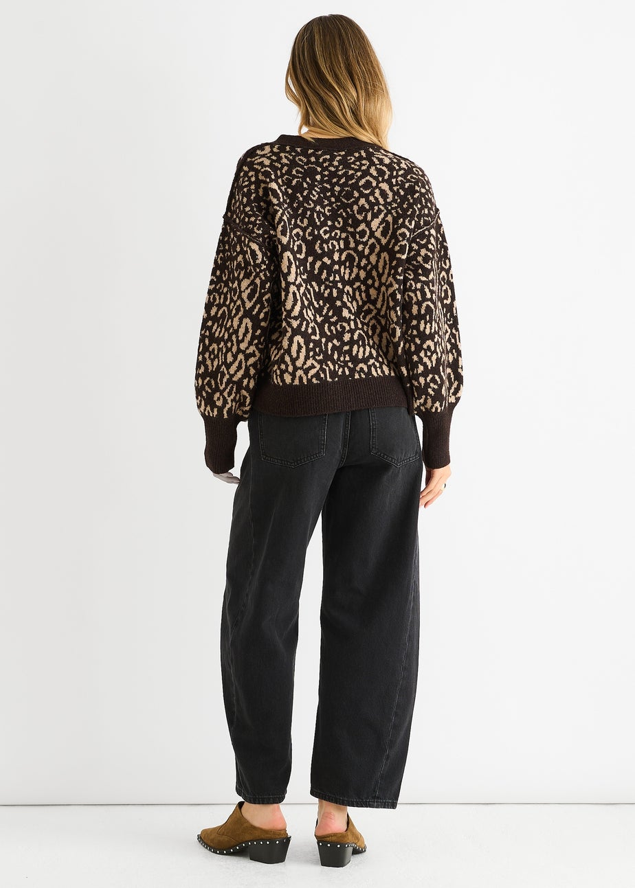 Gini London Chocolate Animal Print Wool Mix Cardigan Look Jumper