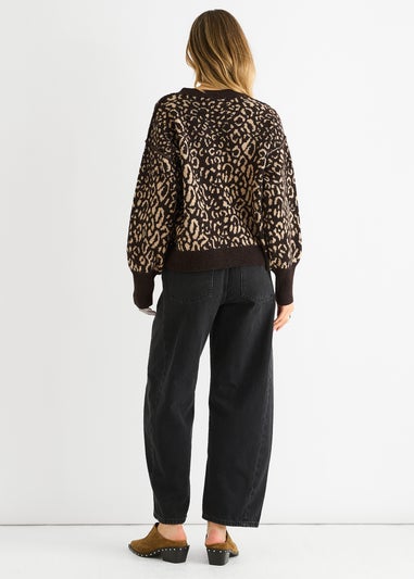 Gini London Chocolate Animal Print Wool Mix Cardigan Look Jumper