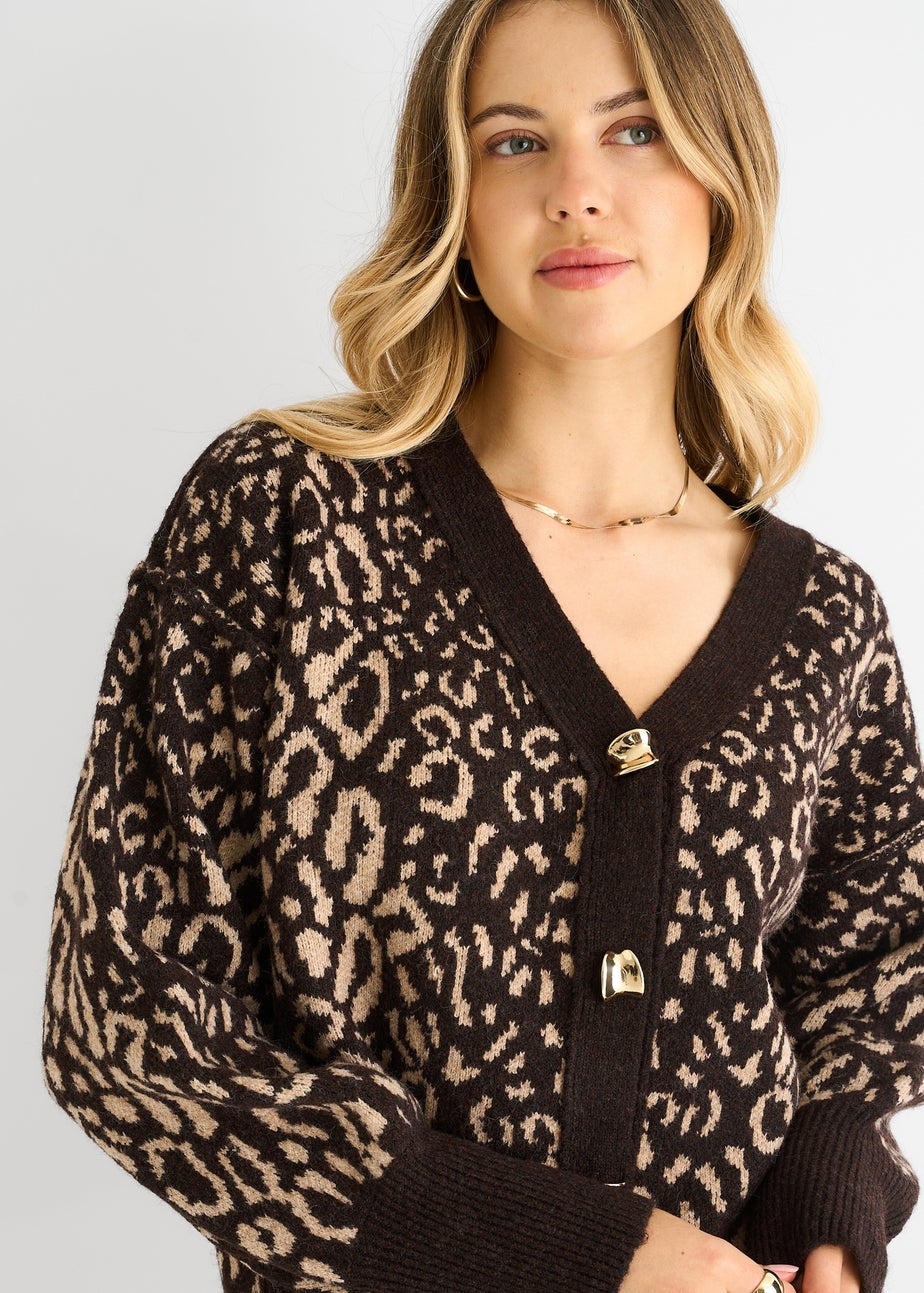 Gini London Chocolate Animal Print Wool Mix Cardigan Look Jumper