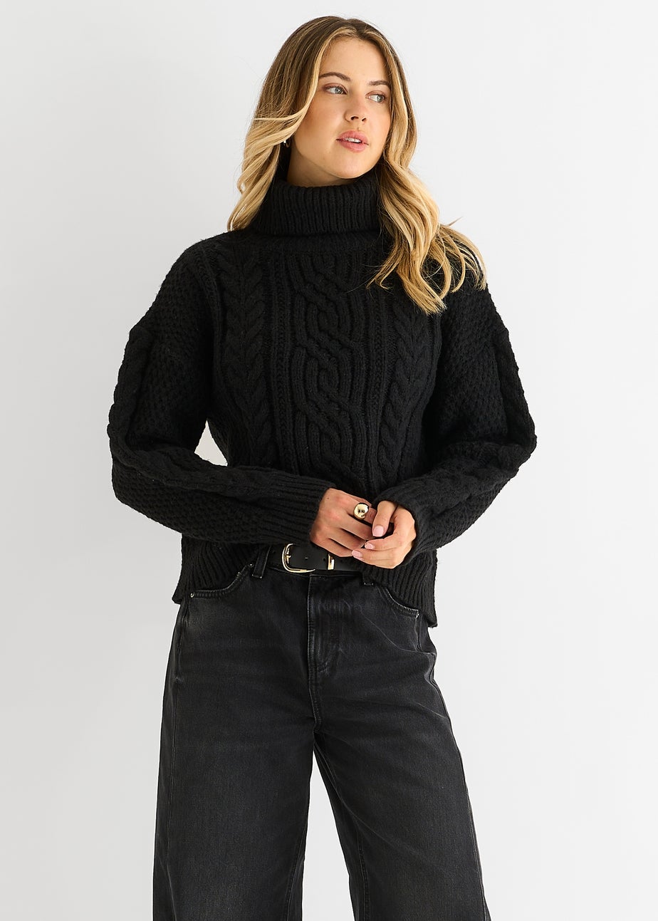 Gini London Black Cable Knit High Neck Knit Jumper