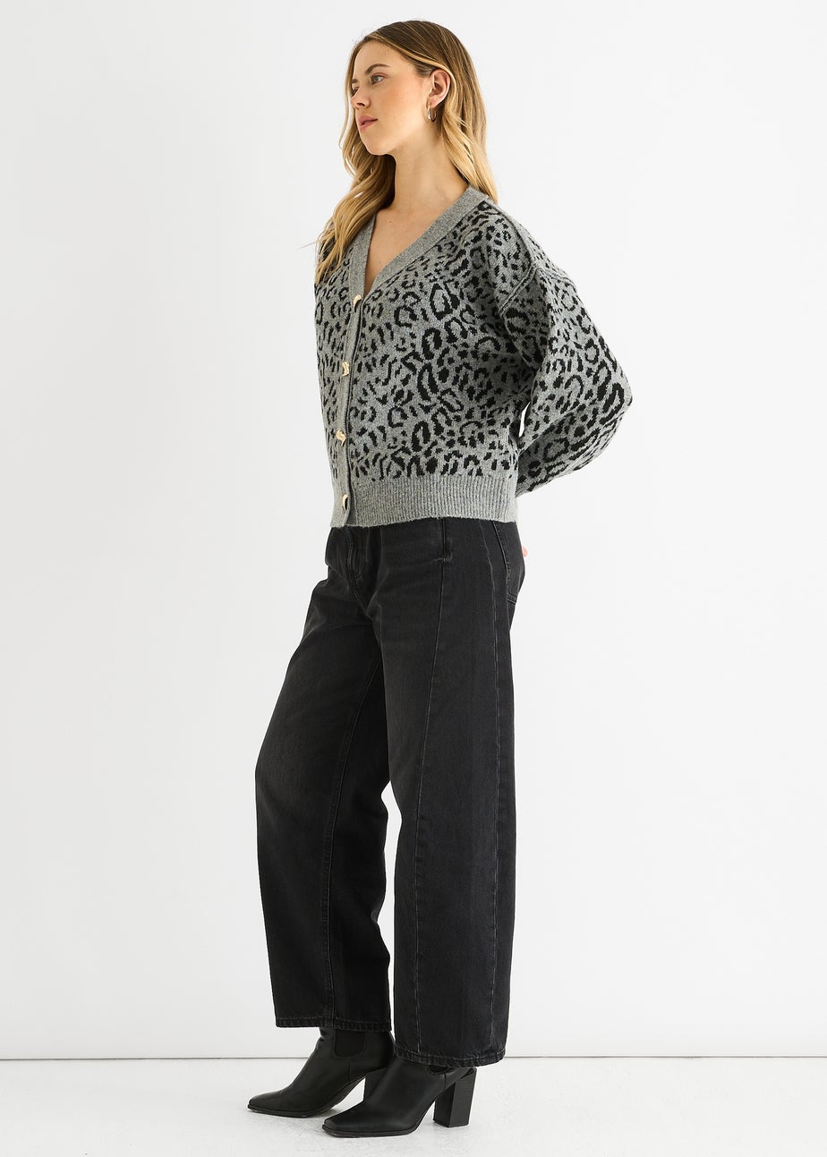 Gini London Grey Animal Print Wool Mix Cardigan Look Jumper