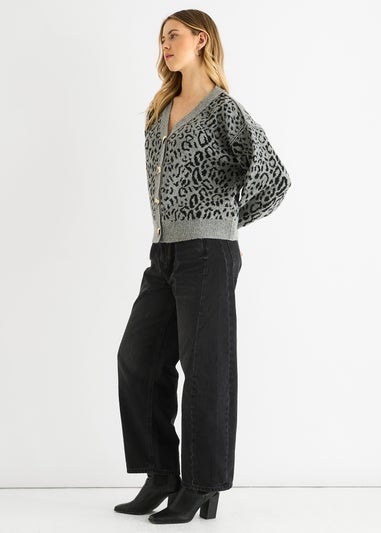 Gini London Grey Animal Print Wool Mix Cardigan Look Jumper