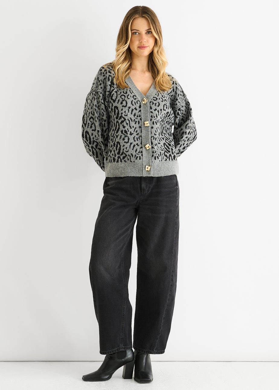 Gini London Grey Animal Print Wool Mix Cardigan Look Jumper