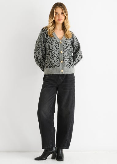 Gini London Grey Animal Print Wool Mix Cardigan Look Jumper
