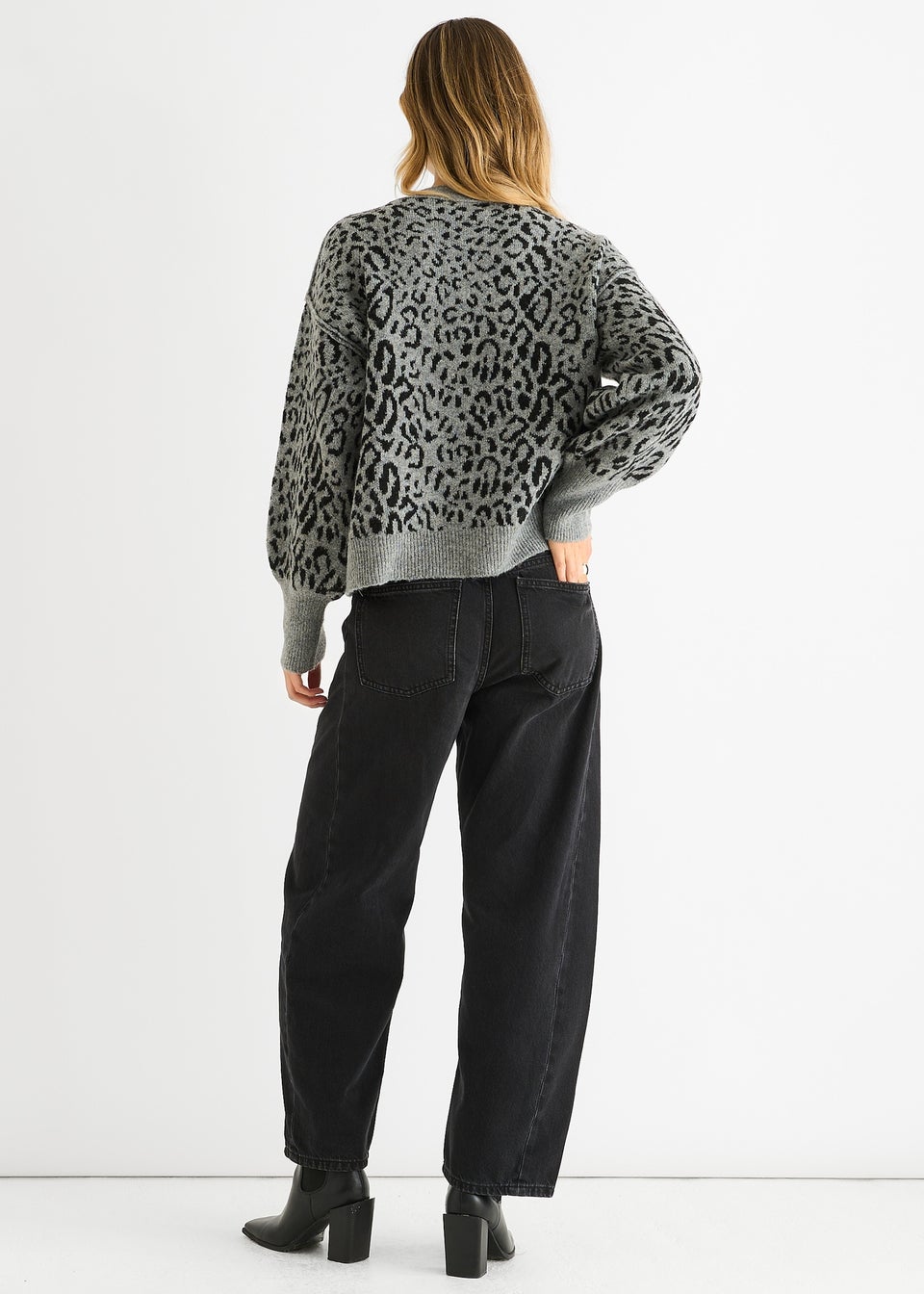 Gini London Grey Animal Print Wool Mix Cardigan Look Jumper