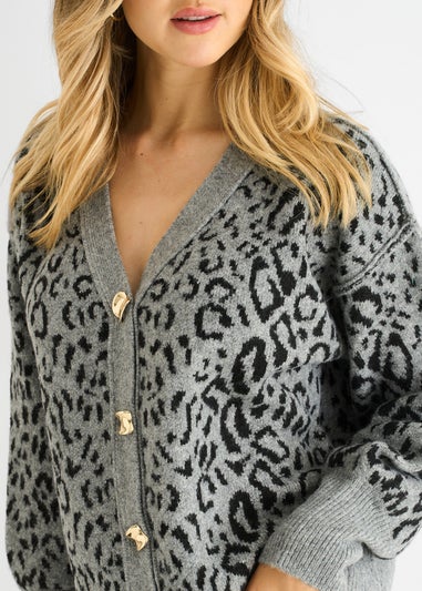 Gini London Grey Animal Print Wool Mix Cardigan Look Jumper