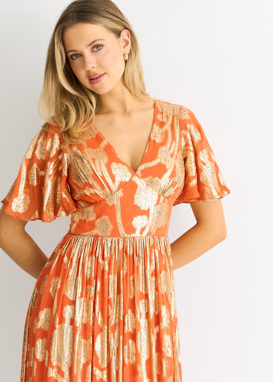 Gini London Orange Metallic Jacquard Flutter Sleeves Floral Maxi Dress